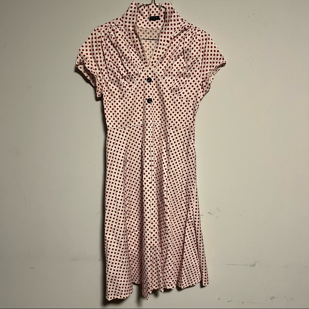 - L - VIntage 50's Polka Dress Cap Sleeve V-neck High Collar Neckline